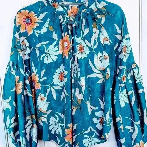 LOVESTICH Love Stitch Women's Med Boho Long Sleeve Blue Green Floral Blouse - Picture 3 of 11